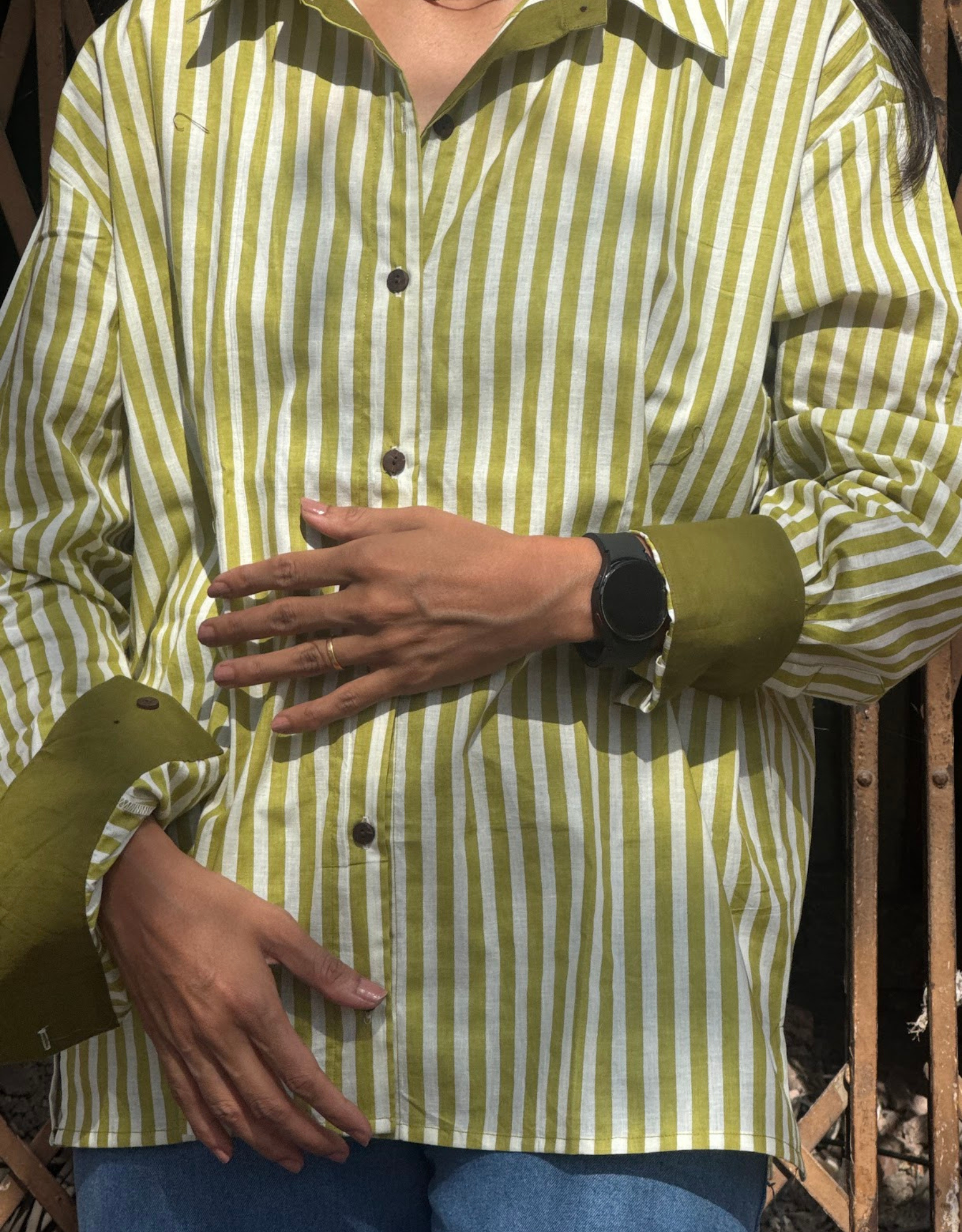 Elegant Striped Cotton Oversized Shirt - Green