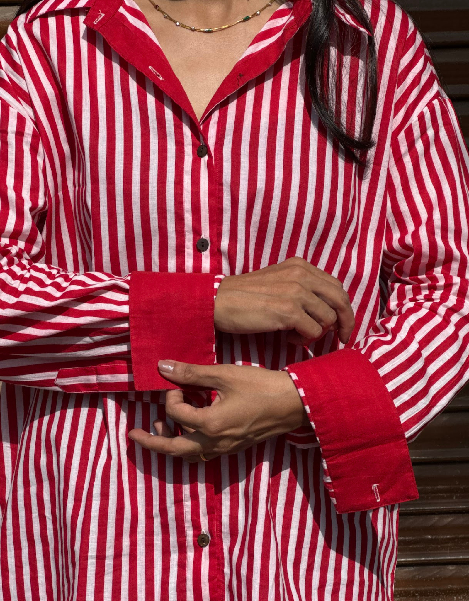 Elegant Striped Cotton Oversized Shirt - Red
