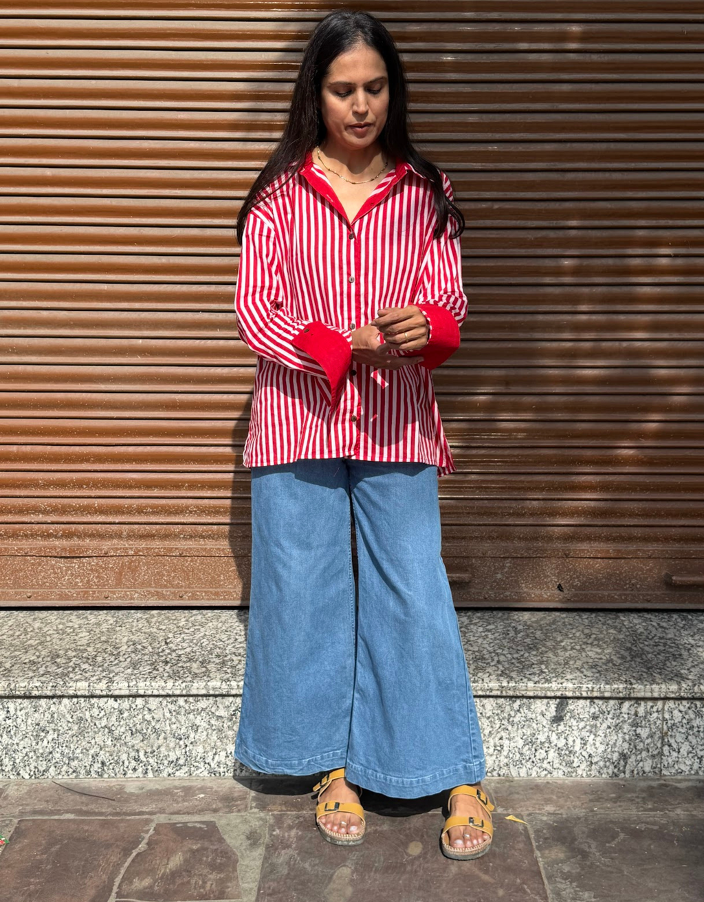 Elegant Striped Cotton Oversized Shirt - Red