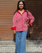 Elegant Striped Cotton Oversized Shirt - Red