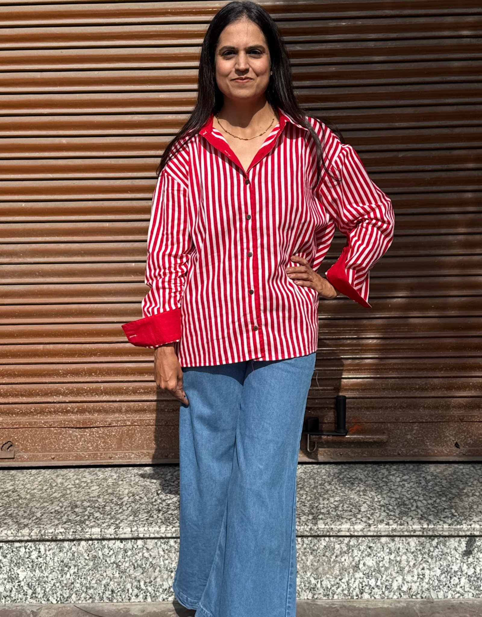 Elegant Striped Cotton Oversized Shirt - Red