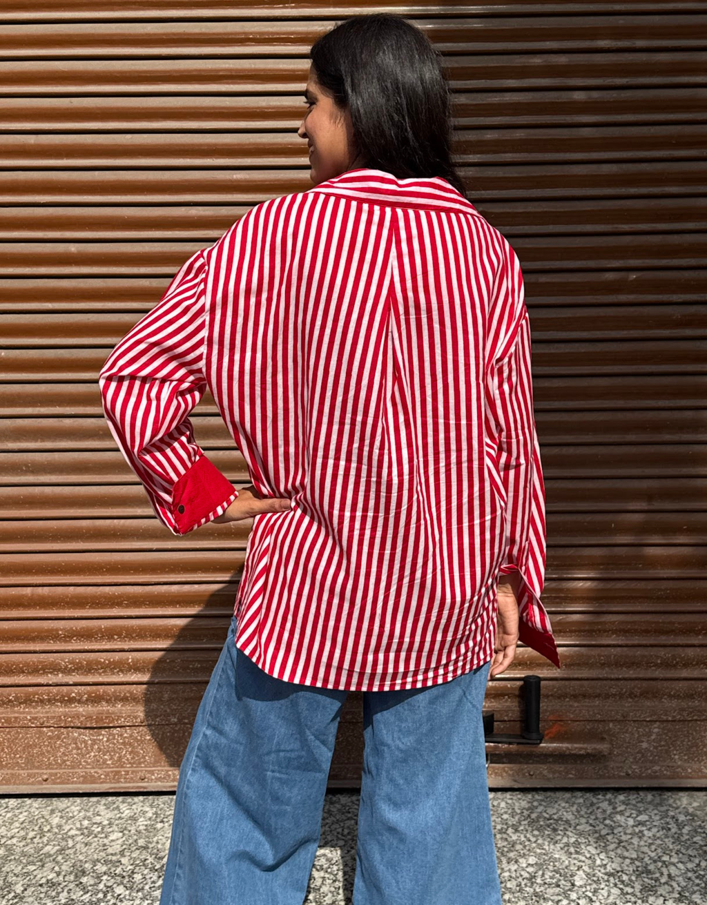 Elegant Striped Cotton Oversized Shirt - Red