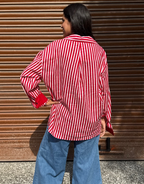 Elegant Striped Cotton Oversized Shirt - Red