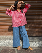 Elegant Striped Cotton Oversized Shirt - Red