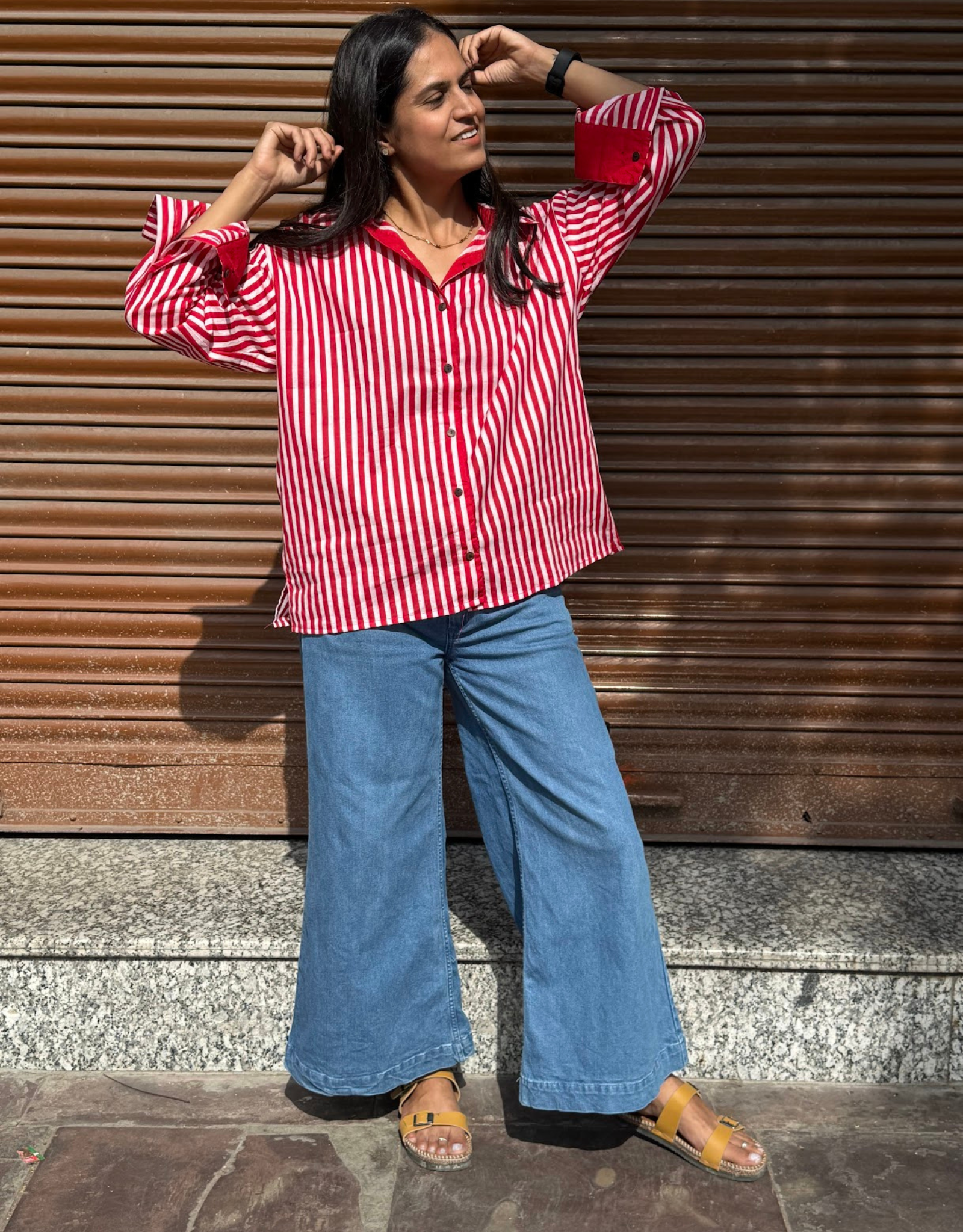 Elegant Striped Cotton Oversized Shirt - Red