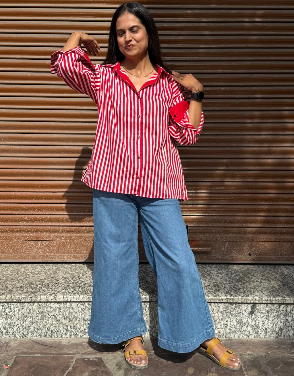 Elegant Striped Cotton Oversized Shirt - Red
