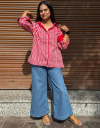 Elegant Striped Cotton Oversized Shirt - Red