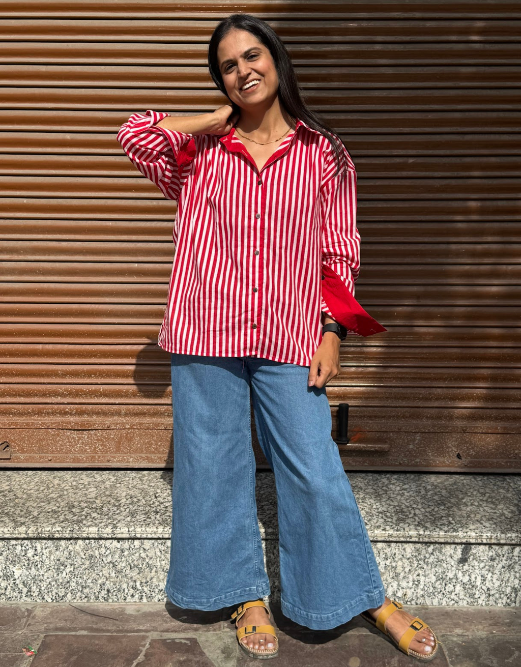 Elegant Striped Cotton Oversized Shirt - Red