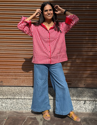 Elegant Striped Cotton Oversized Shirt - Red
