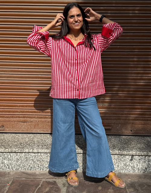 Elegant Striped Cotton Oversized Shirt - Red
