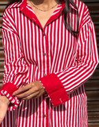 Elegant Striped Cotton Oversized Shirt - Red
