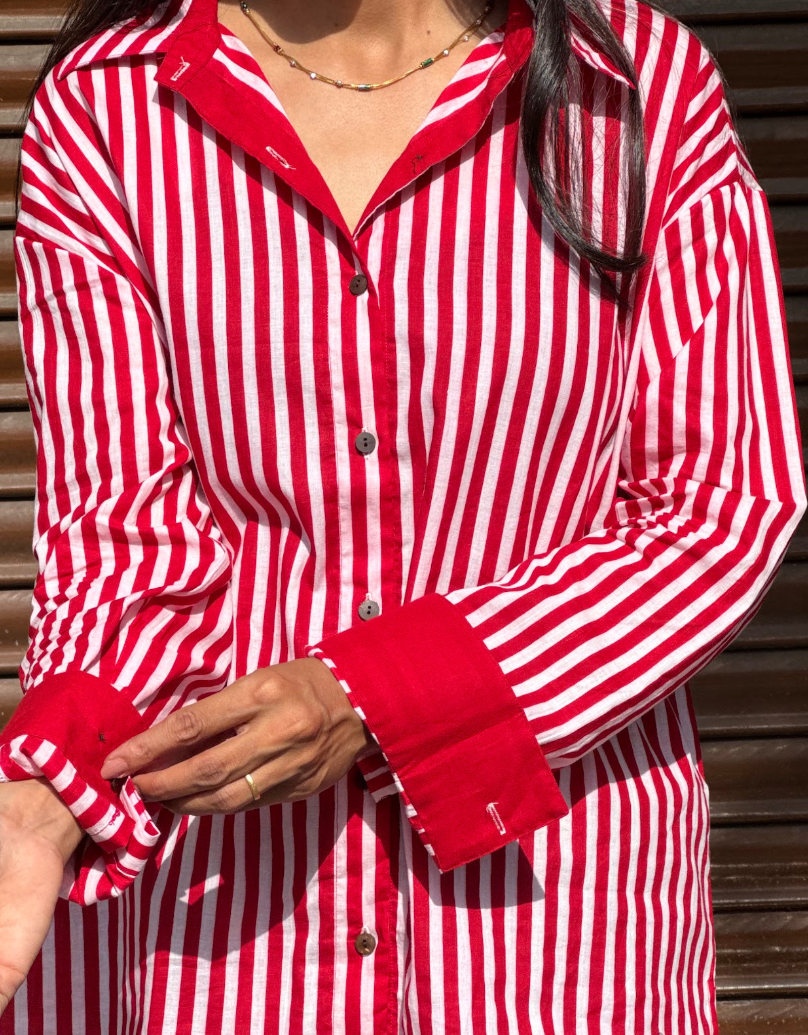 Elegant Striped Cotton Oversized Shirt - Red