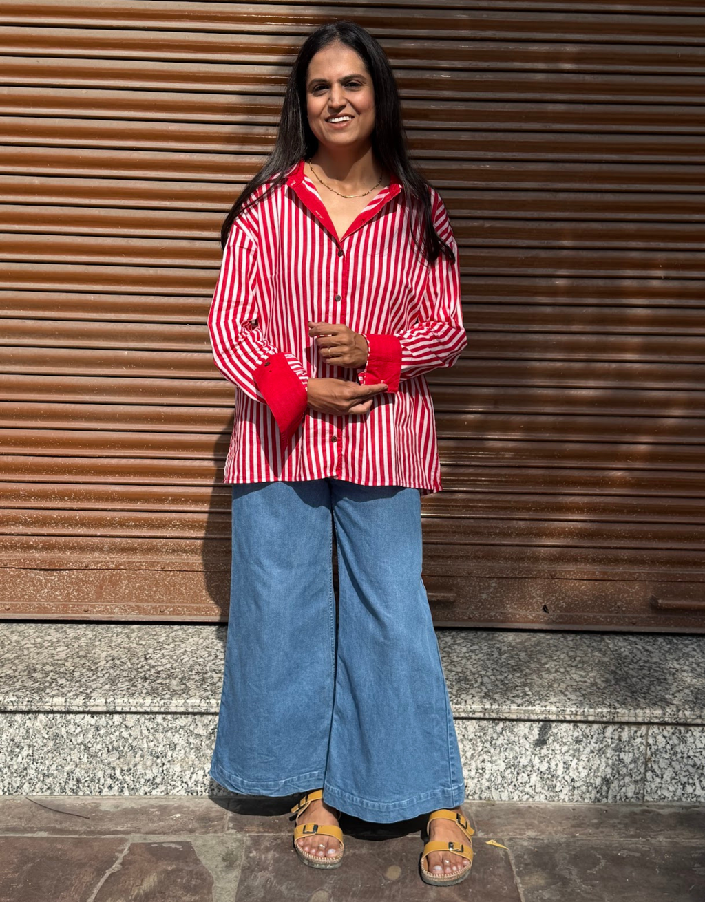 Elegant Striped Cotton Oversized Shirt - Red
