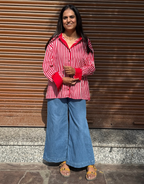 Elegant Striped Cotton Oversized Shirt - Red