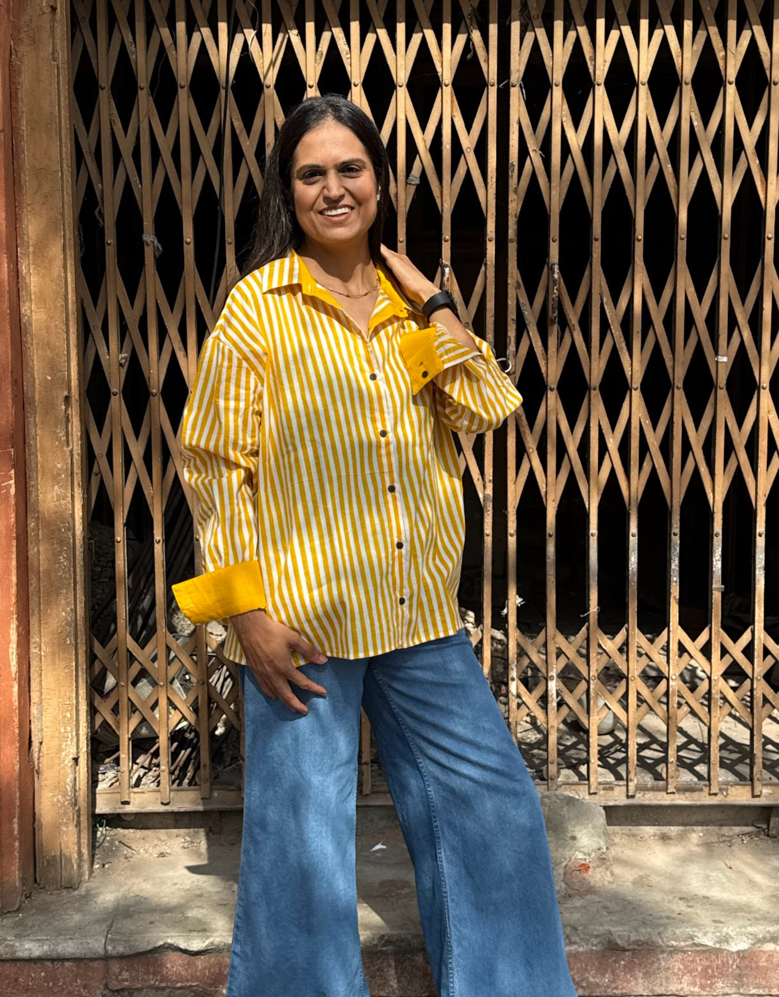 Elegant Striped Cotton Oversized Shirt - Yellow