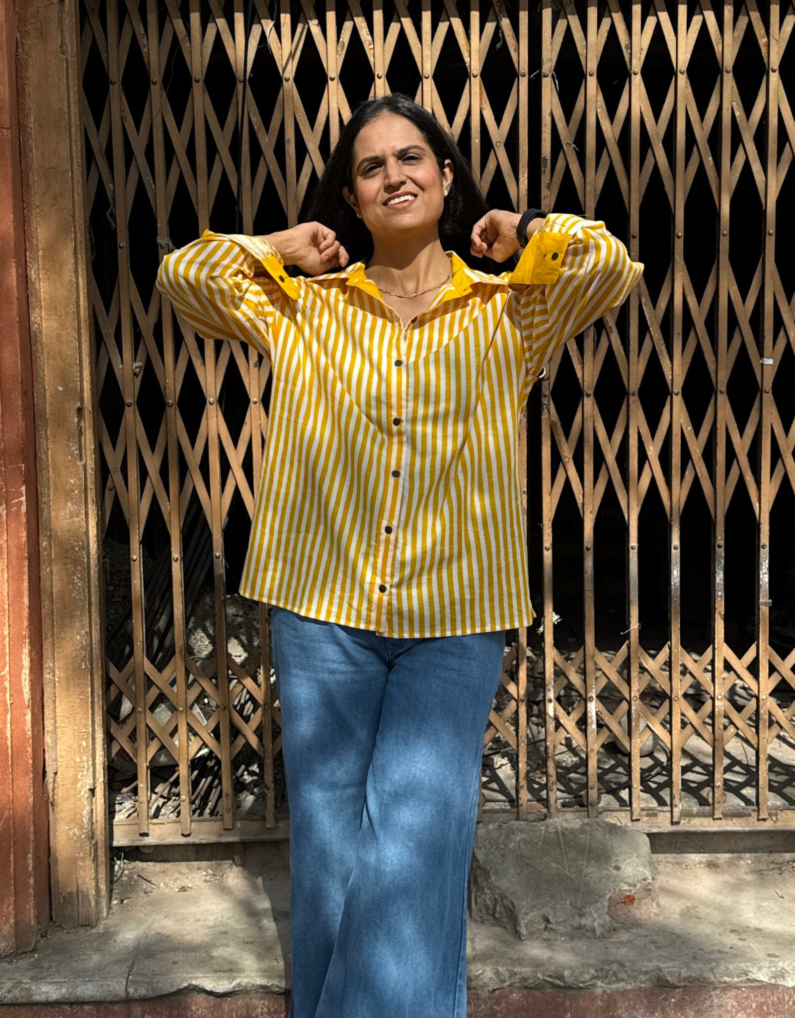 Elegant Striped Cotton Oversized Shirt - Yellow