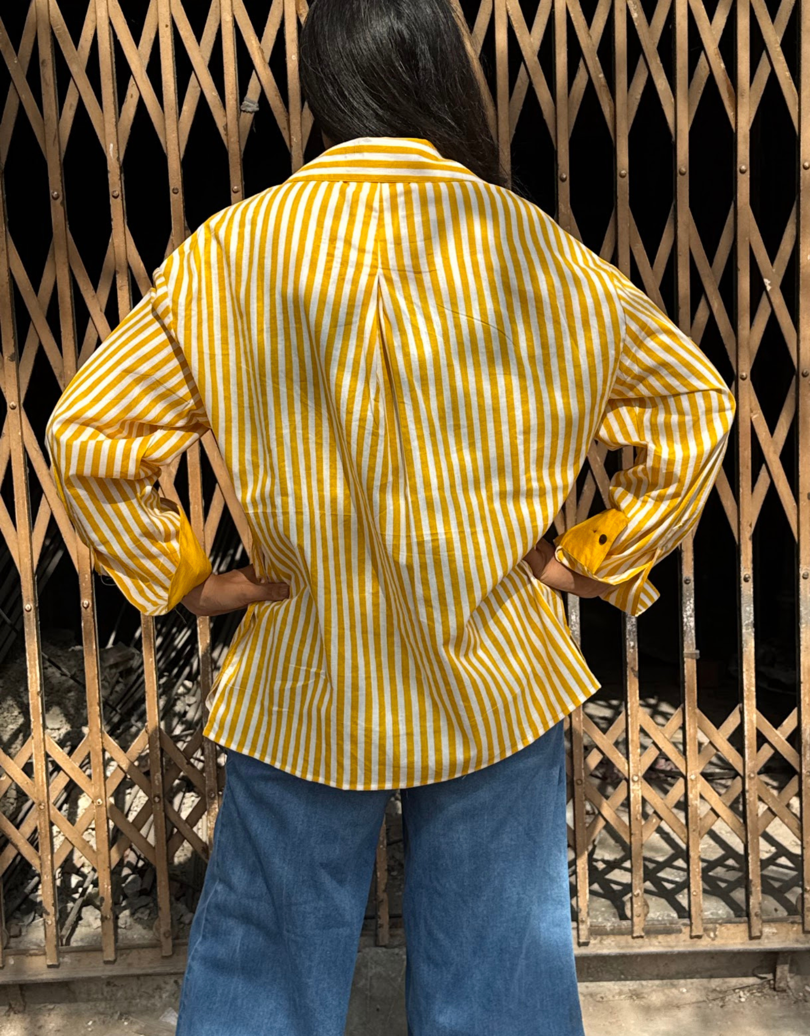 Elegant Striped Cotton Oversized Shirt - Yellow