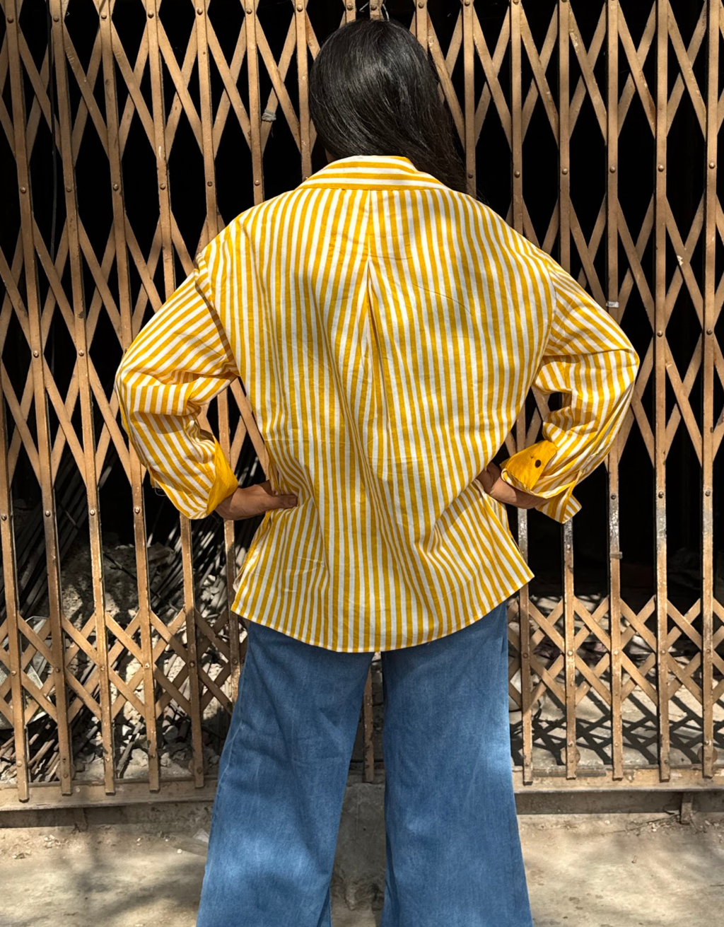 Elegant Striped Cotton Oversized Shirt - Yellow