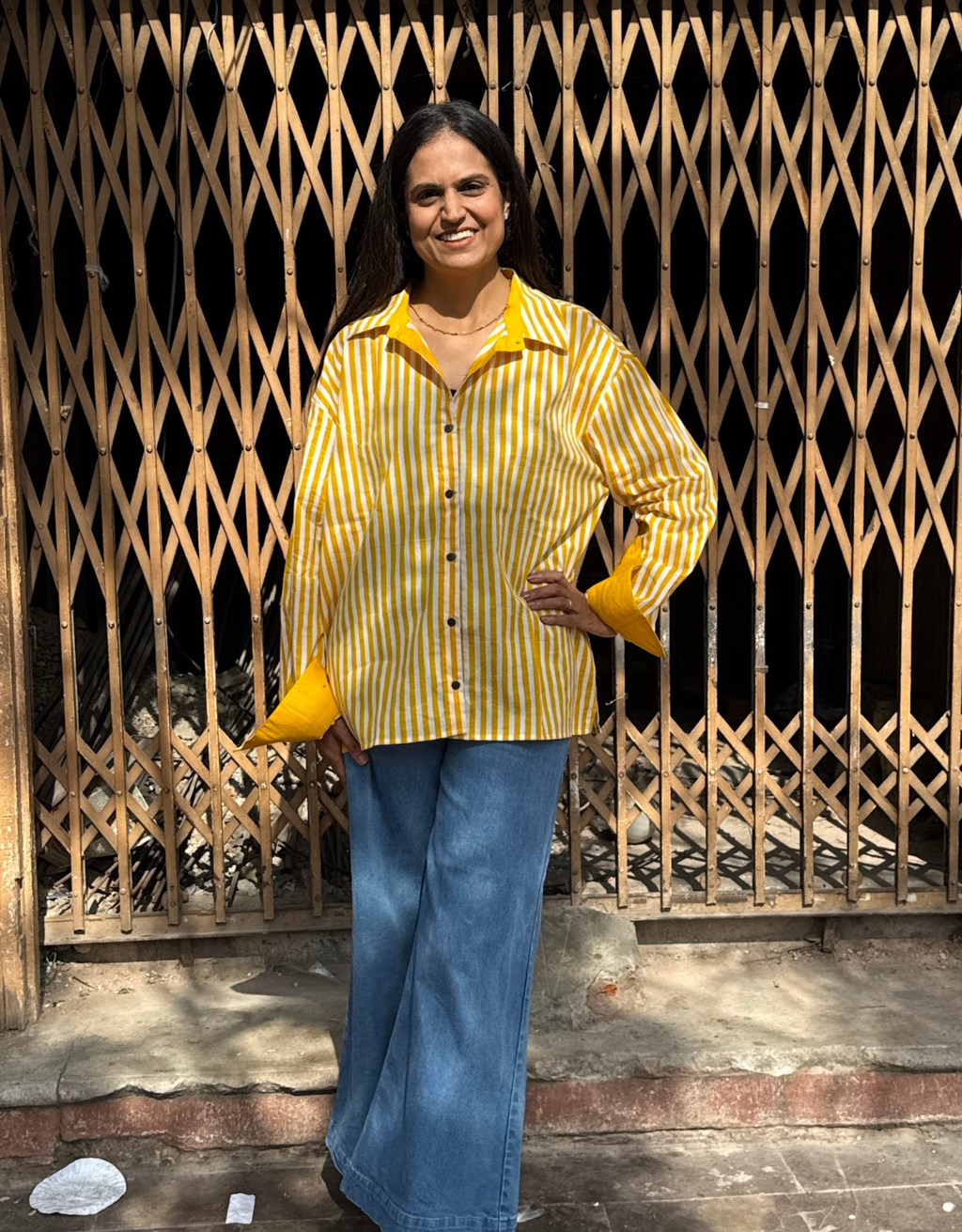 Elegant Striped Cotton Oversized Shirt - Yellow