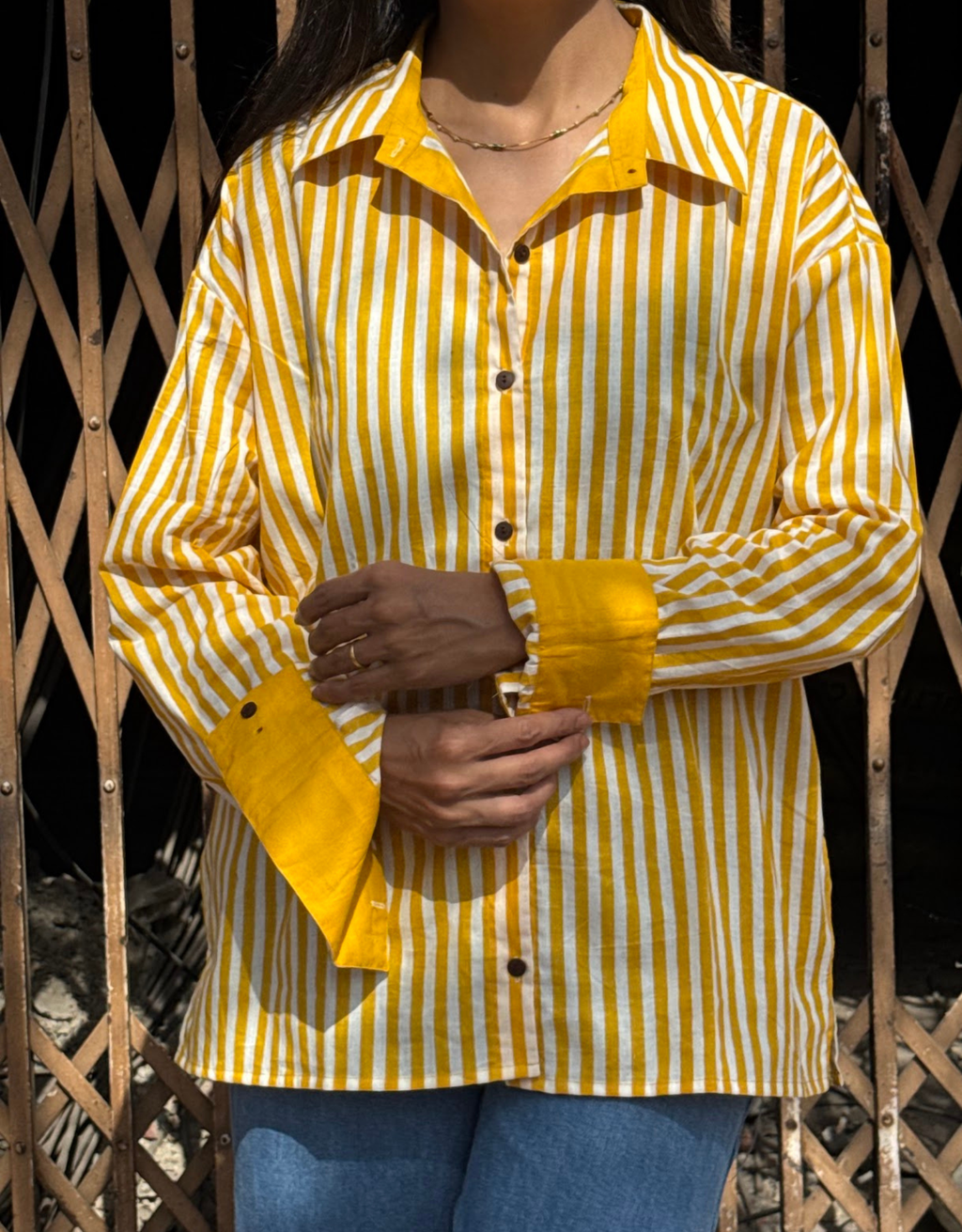 Elegant Striped Cotton Oversized Shirt - Yellow