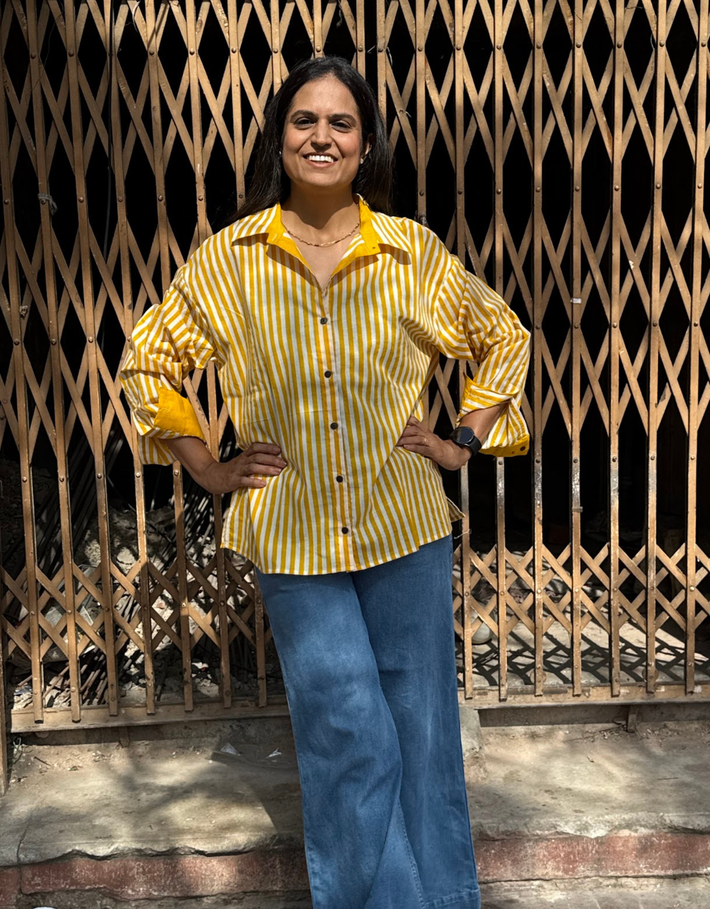 Elegant Striped Cotton Oversized Shirt - Yellow