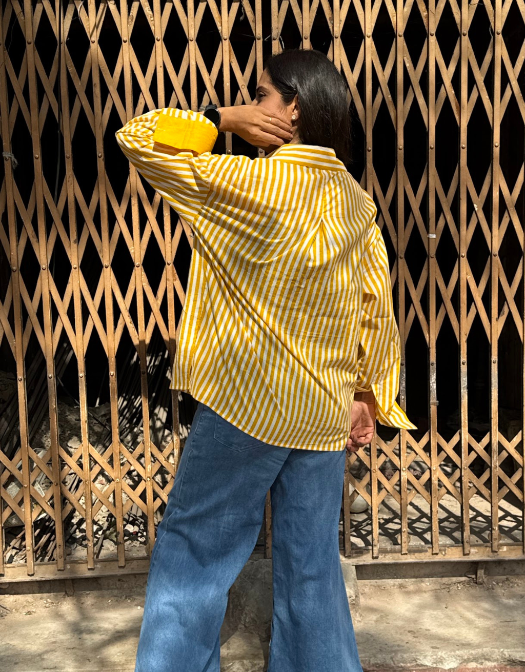 Elegant Striped Cotton Oversized Shirt - Yellow
