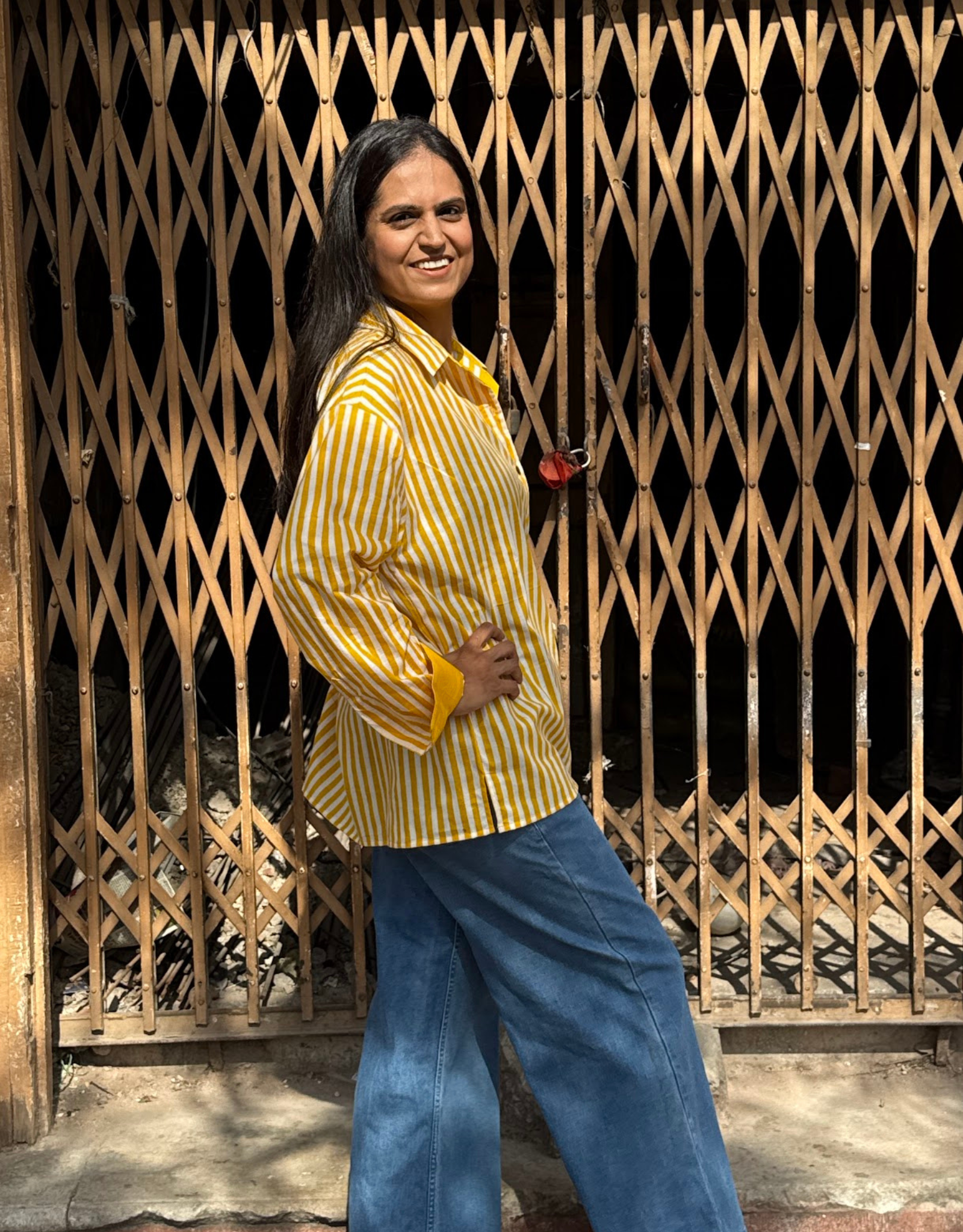 Elegant Striped Cotton Oversized Shirt - Yellow