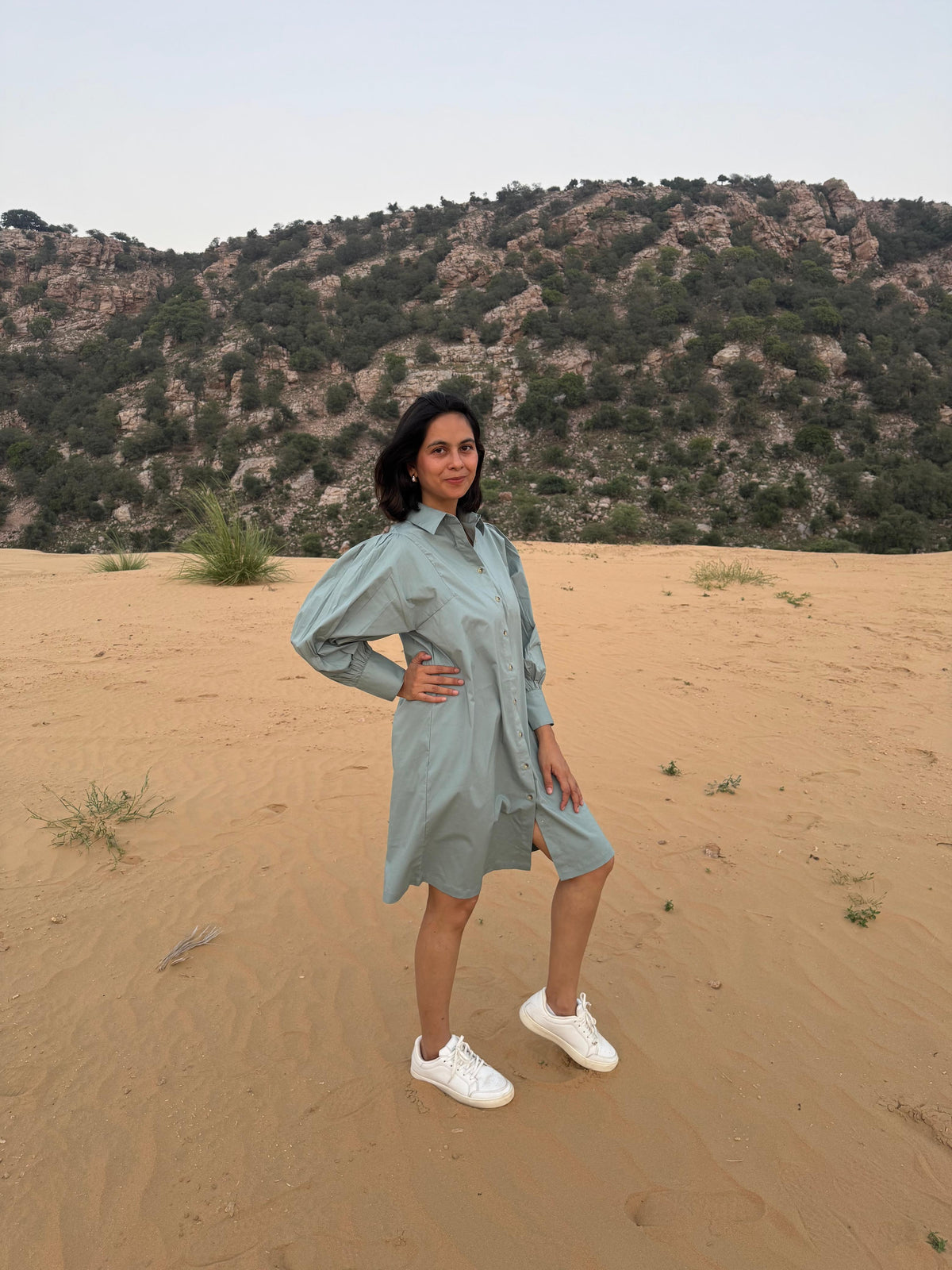 Stretch Ripstop Solid Gathered Dress - turquoise