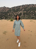 Stretch Ripstop Solid Gathered Dress - turquoise