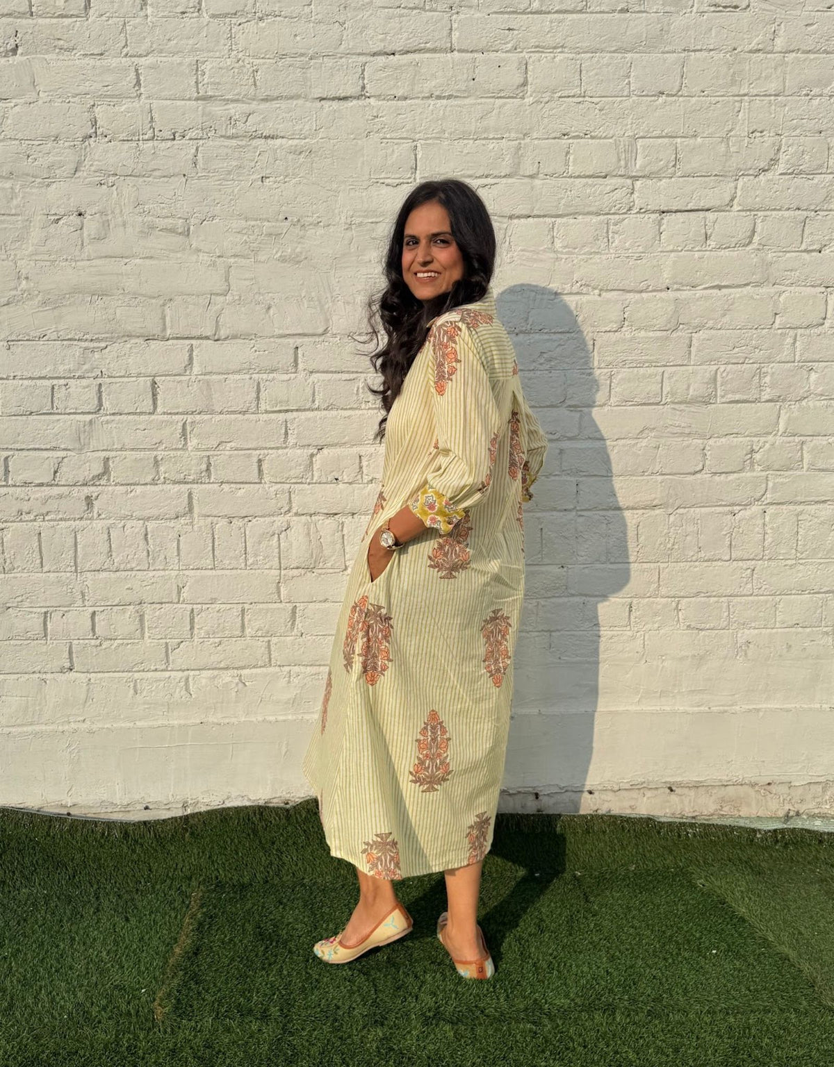 Yellow Stripe Floral Cotton Regular Fit Dress