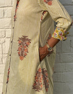 Yellow Stripe Floral Cotton Regular Fit Dress