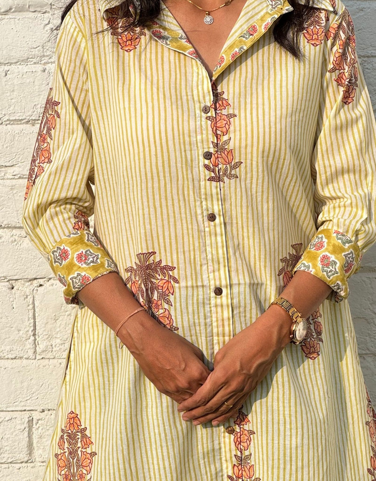 Yellow Stripe Floral Cotton Regular Fit Dress