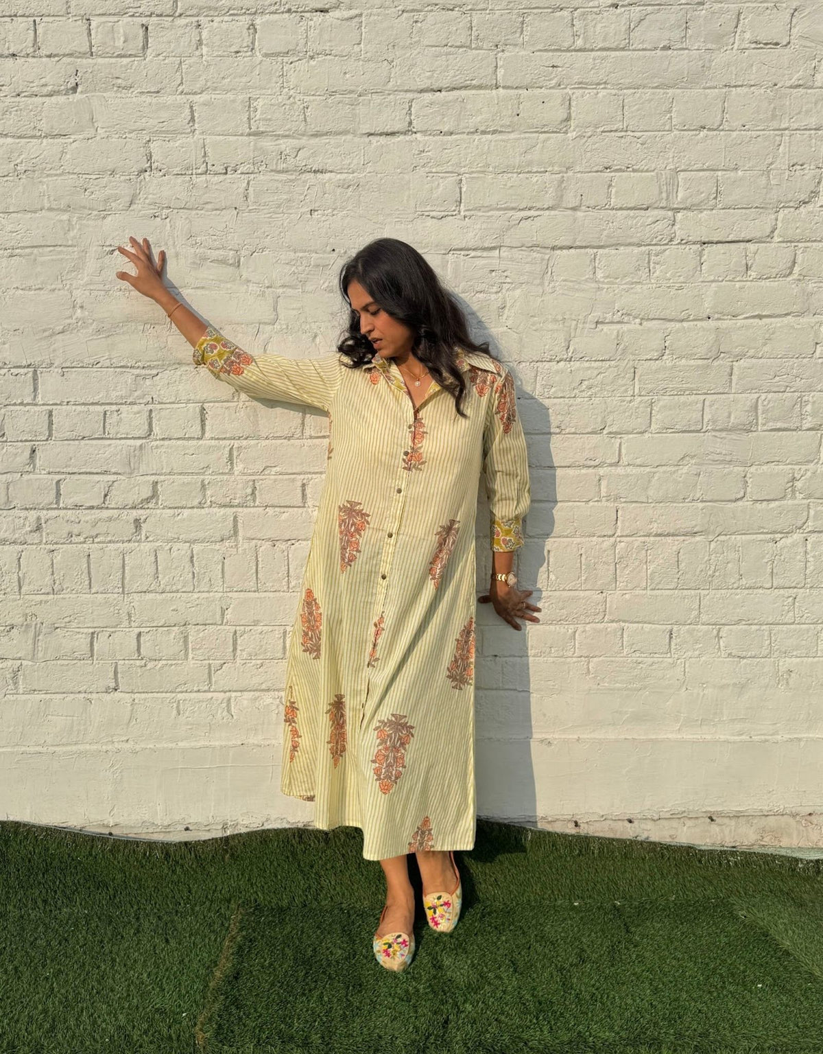 Yellow Stripe Floral Cotton Regular Fit Dress