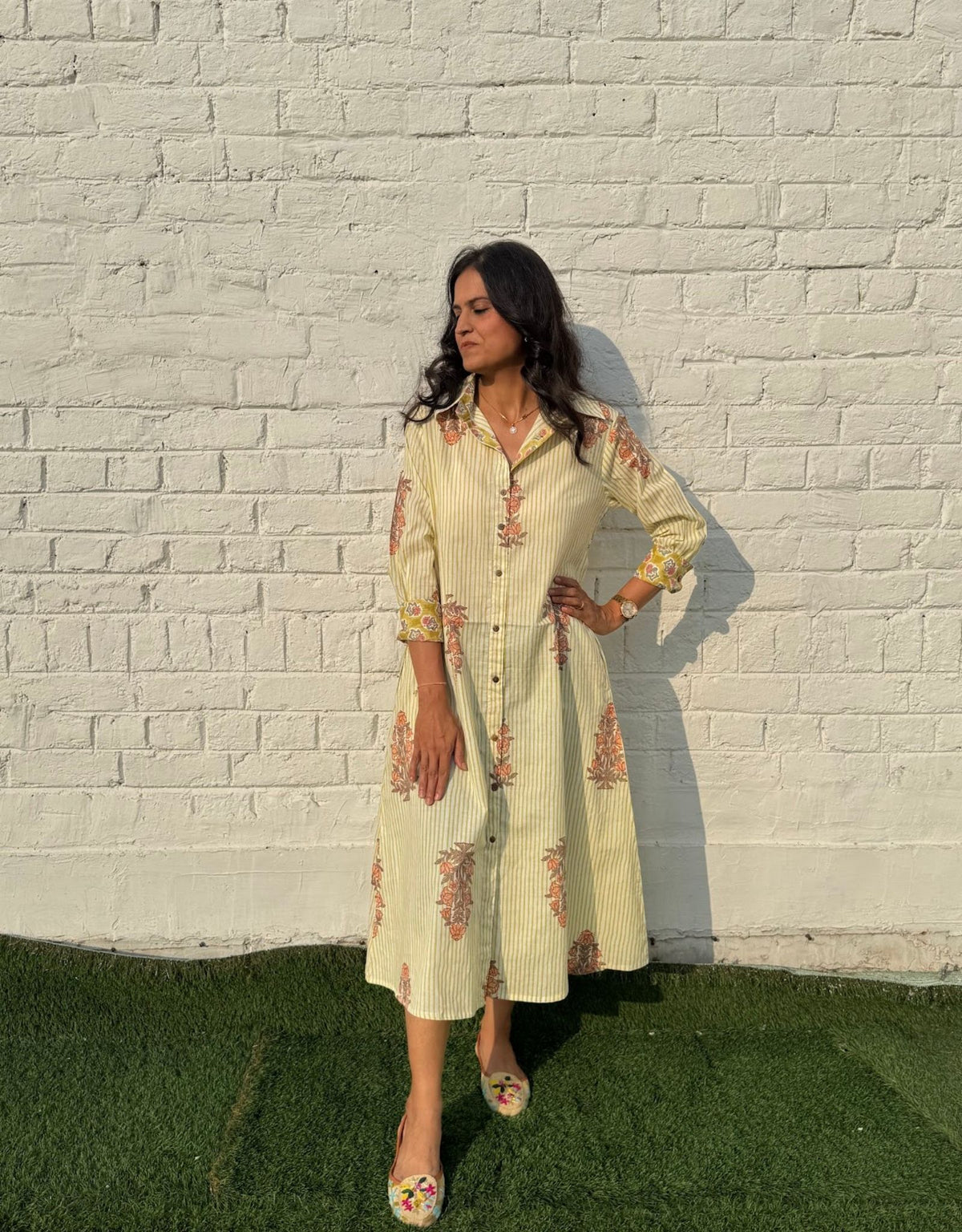 Yellow Stripe Floral Cotton Regular Fit Dress