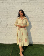 Yellow Stripe Floral Cotton Regular Fit Dress